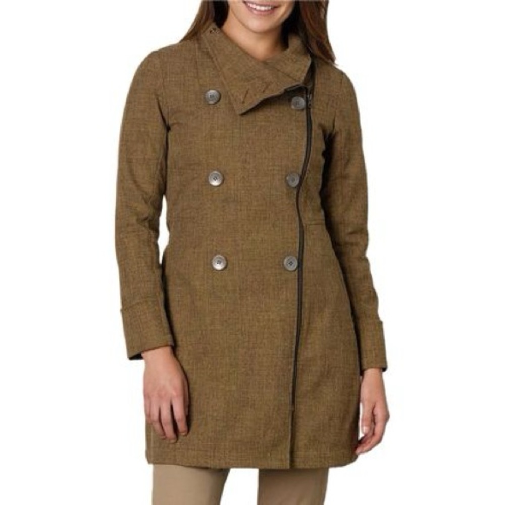 Prana Sutherland Asymmetrical Double-Breasted Trench‎ Coat, Olive Brown, Size S